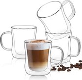 Dubbelwandige latte macchiato-glazen, 4 x 250 ml, set van 4 koffiekopjes, glas van borosilicaatglas, koffieglazen met handvat, koffieglazen voor cappuccino, latte, thee, Iced Americano, melk