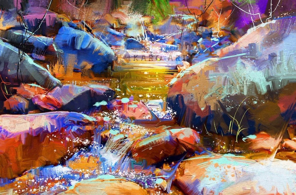 karo-art Schilderij - Waterval met kleurrijke stenen (digitale kunst) , multikleur , 2 maten , Premium print