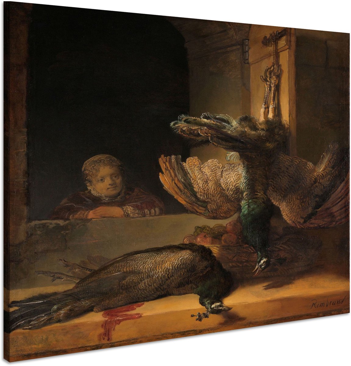 karo-art Schilderij - Rembrandt van Rijn, Stilleven met pauwen, ca1639, 90x90cm. Multikleur
