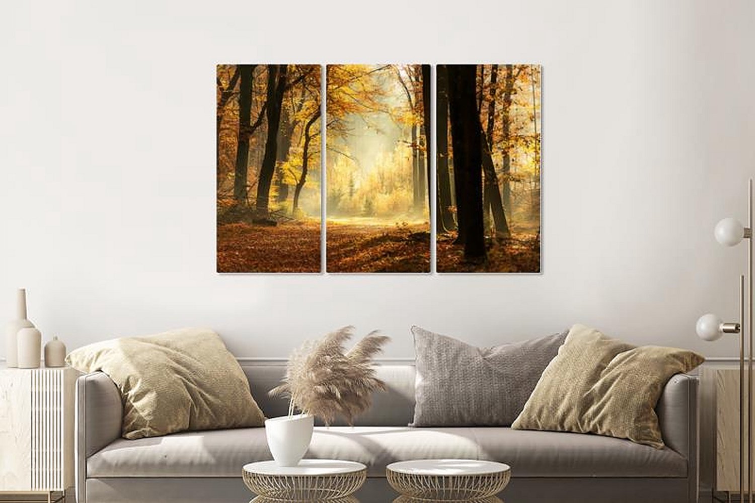 karo-art Schilderij - Pad door een mistig bos tijdens een prachtige herfst dag, 120x80cm, 3 luik Multikleur