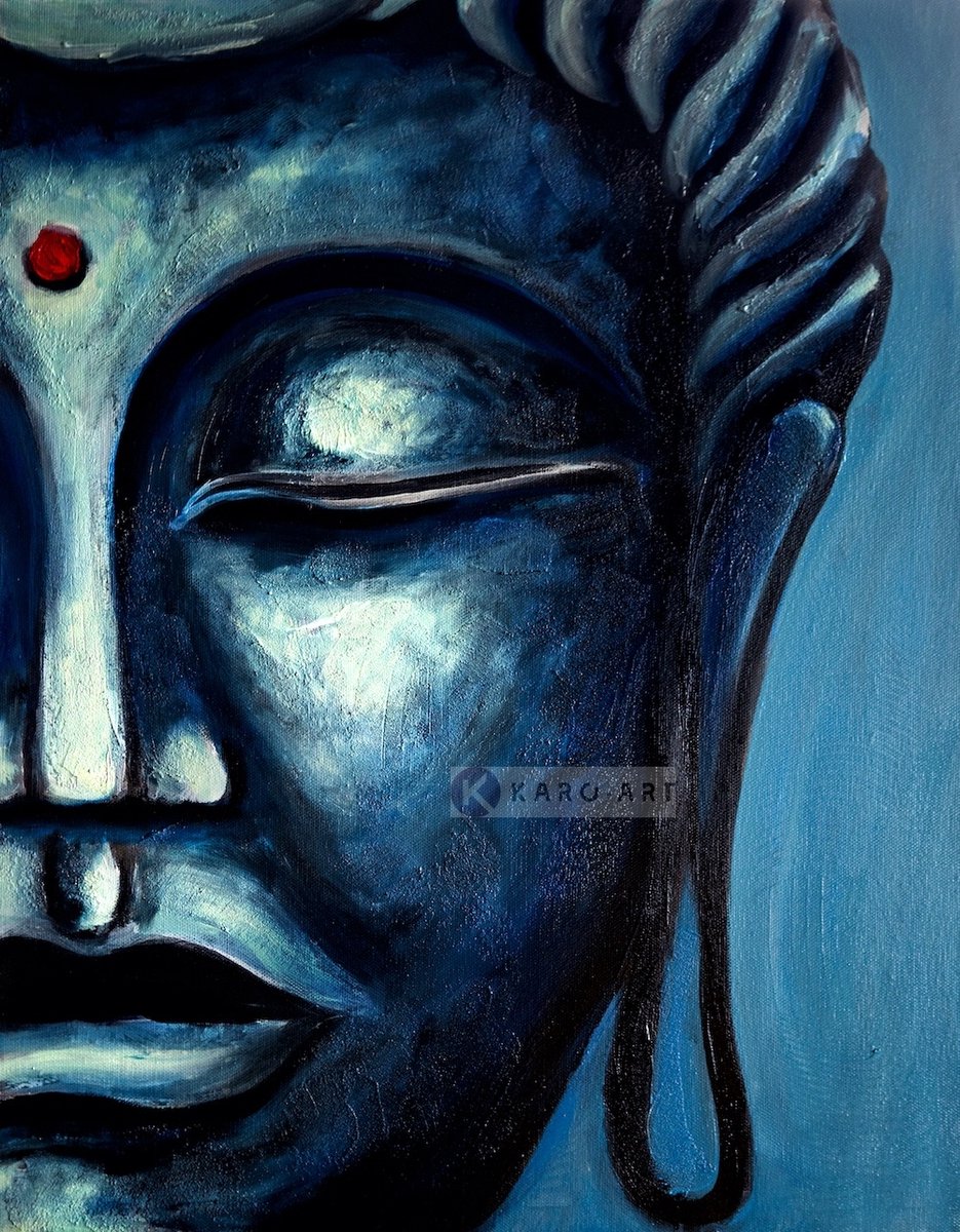 karo-art Schilderij - Blauwe Boeddha (print op canvas) , Blauw zwart , 3 maten , Premium print Multikleur