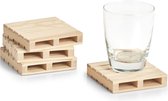 Zeller Glazenonderzetters - 4x stuks - pallet vorm - hout 10 x 10 cm - voor glas / beker