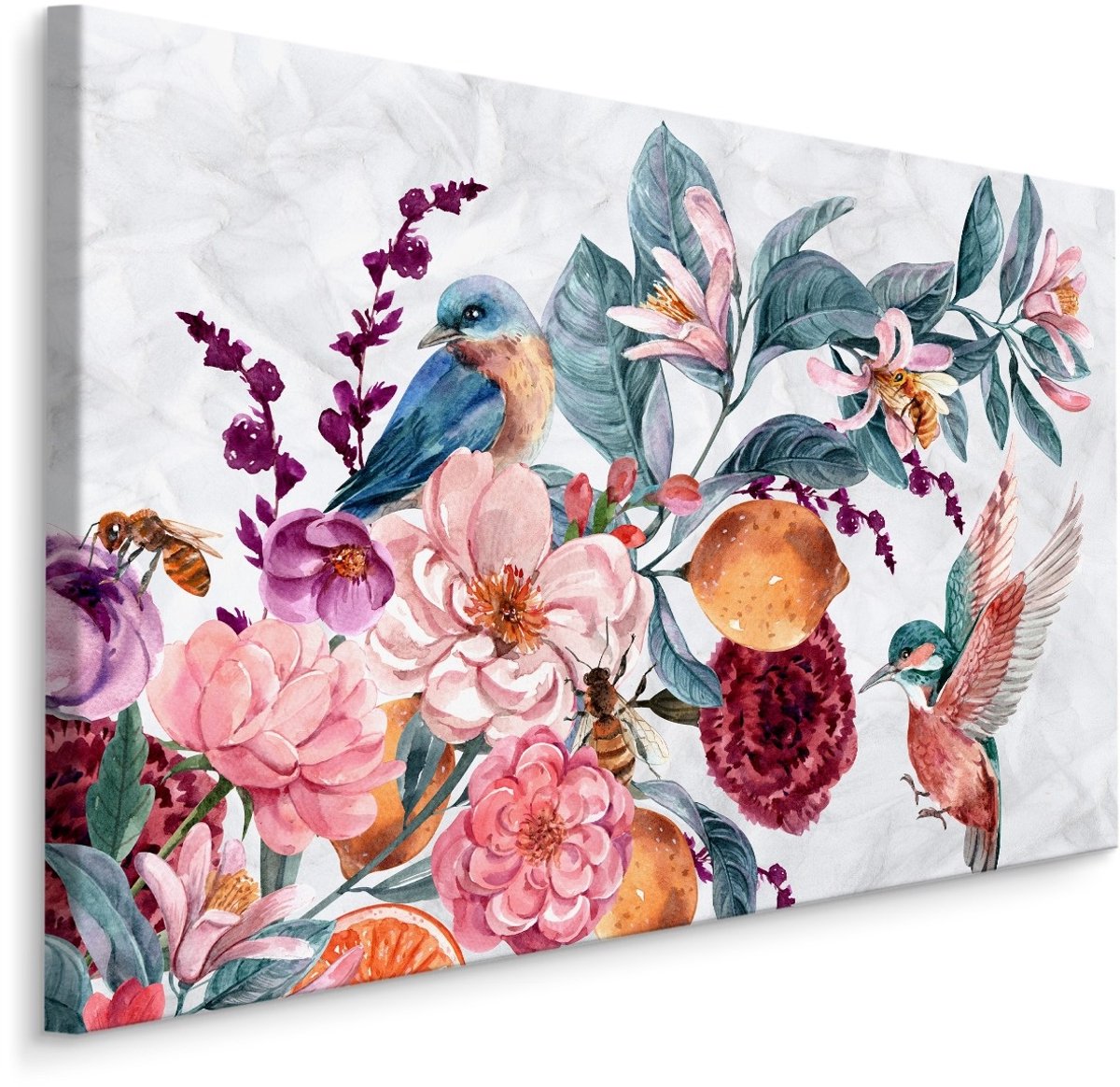 karo-art Schilderij - Bloemen en Kolibrie in Aquarel II (print op canvas), multi-gekleurd, 4 maten, wanddecoratie Multikleur