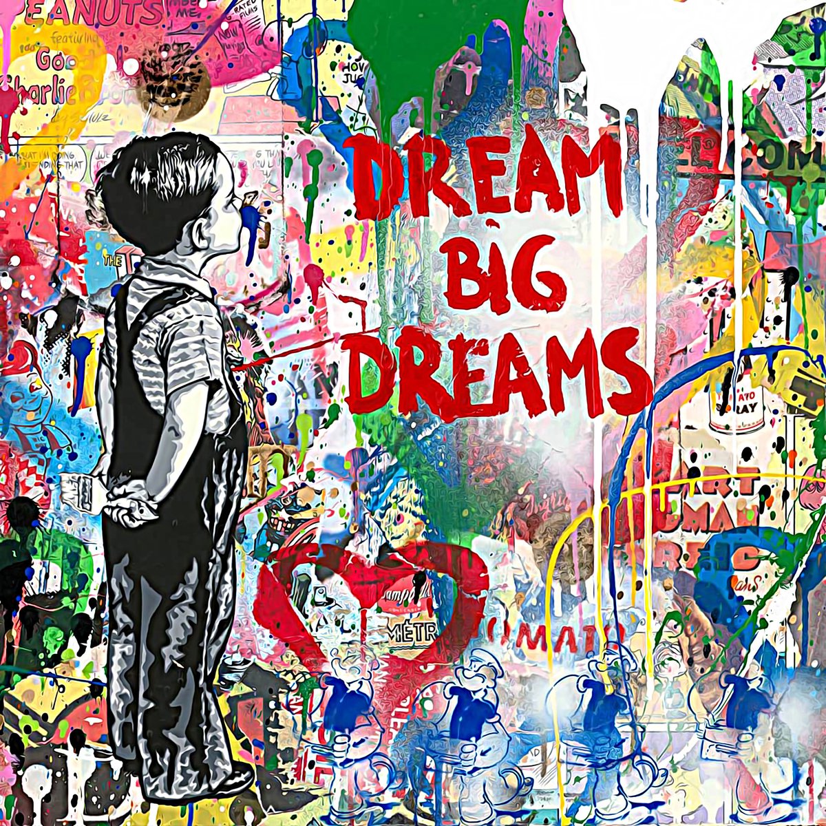 karo-art Poster - Banksy, Dream Big Dreams, Straat Kunst, Premium Print 75x75cm Multikleur
