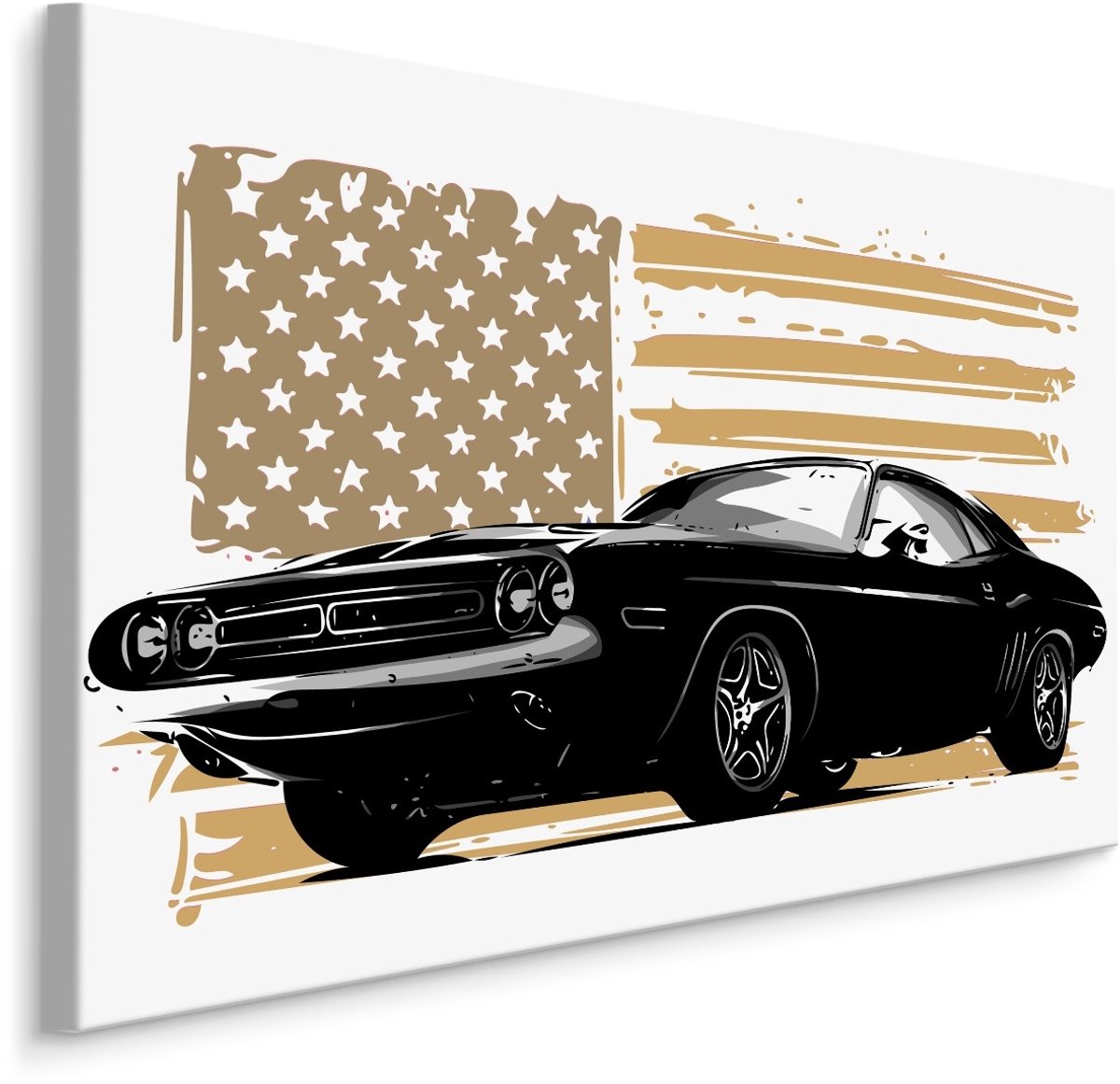 karo-art Schilderij - Een Amerikaanse Muscle car tegen een beige Amerikaanse vlag, Premium Print Multikleur