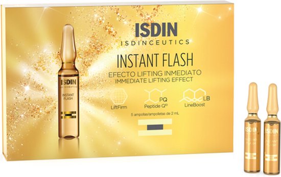 Boîte dorée ISDIN Instant Flash serum avec 2 ampoules à côté.