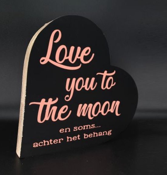 Teksthart XL 25x25xcm love you to the moon en soms achter het behang zwart / roze