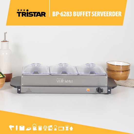 Tristar BP-6283 - Buffetwarmer 200W - Chafing dish - 3 x 1,4 Liter - Incl deksel - RVS — afbeelding 5