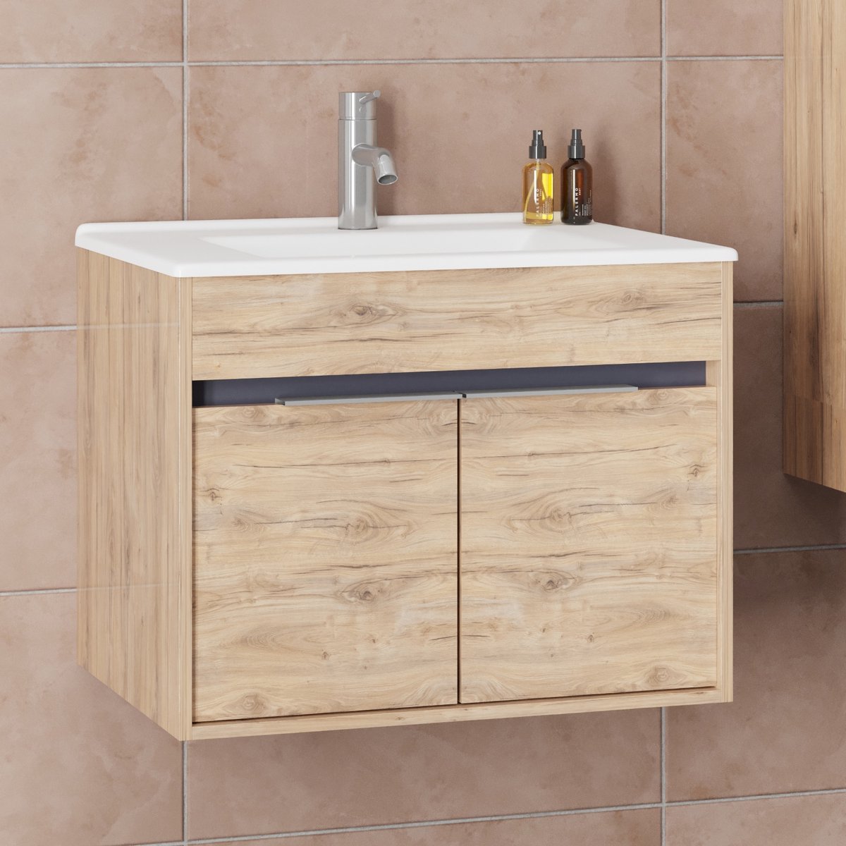 Kassel 65 cm Badkamermeubel Dorado – Softclose Semi-Handgreep, 2 Deuren, Keramische Wastafel
