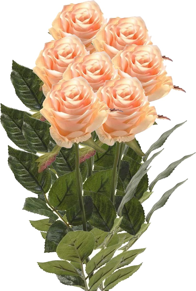 Emerald Kunstbloemen boeket roos Simone - 8x - zalm kleurig - 73 cm - decoratie bloemen Zalmroze