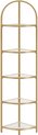 c90 - Hoekrek met 5 etages, boekenkast, staand rek, metalen frame, planken van gehard glas, roestvrij, woonkamer, slaapkamer, keuken, badkamer, modern, goudkleurig