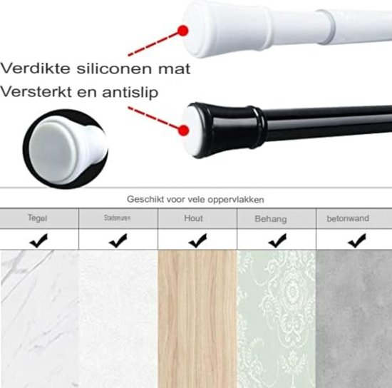Gordijnroede zonder boren, 40-500 cm, telescoopstang, gordijn, uittrekbaar, douchestang zonder boren, gordijnstang, douchegordijnstang, kledingstang, klemstang, kattennet(Zwart,210-300cm