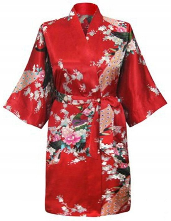 KIMU® Kimono Rood Kort - Maat XL-XXL - Yukata Satijn Boven de Knie - Korte Rode Ochtendjas Japanse Kamerjas Sexy Satijnen Badjas Geisha Pauw Pyjama Festival
