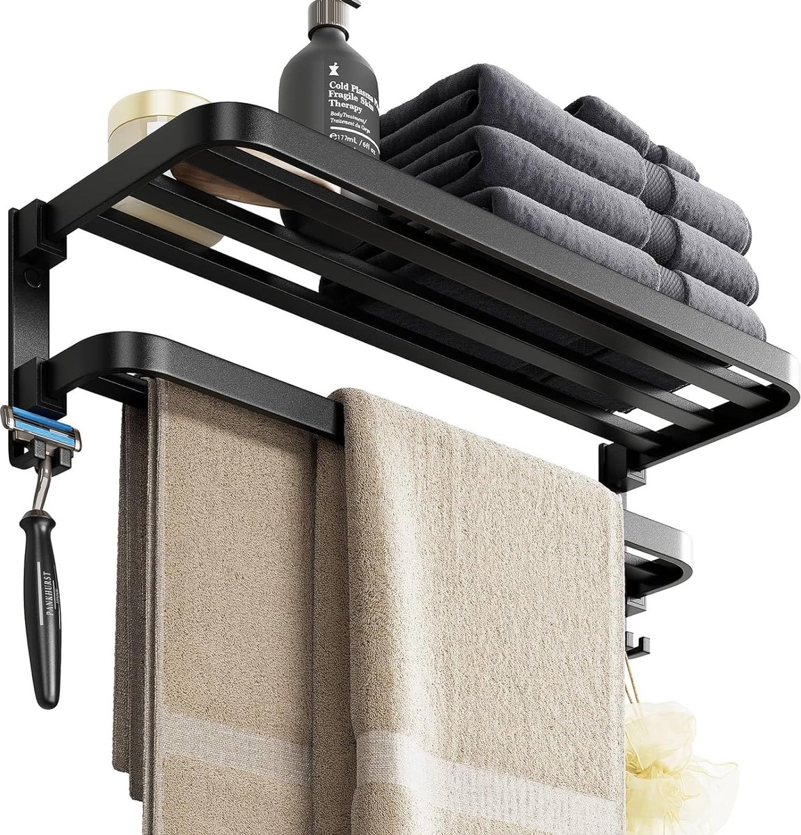 Handdoekhouder zwart mat, badkamer handdoekhouder zonder boren wandmontage, 2 lagen aluminium douchehanddoekhouder, opvouwbaar, 58 cm
