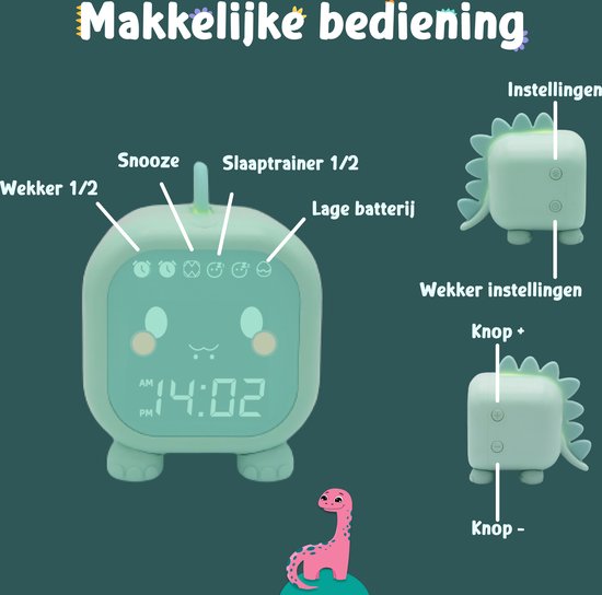 Entraîneur de sommeil - Réveil pour enfants - Réveil de sommeil - Lampe de nuit Enfants - Entraîneur de sommeil Dino - Rechargeable - Veilleuse Dino - Aide au sommeil - Vert - Omni Kids