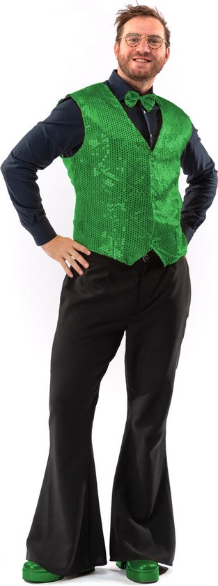 Original Replicas - Glitter & Glamour Kostuum - Paillettenvest Met Strik Festive Green Man - Groen - XL - Kerst - Verkleedkleding