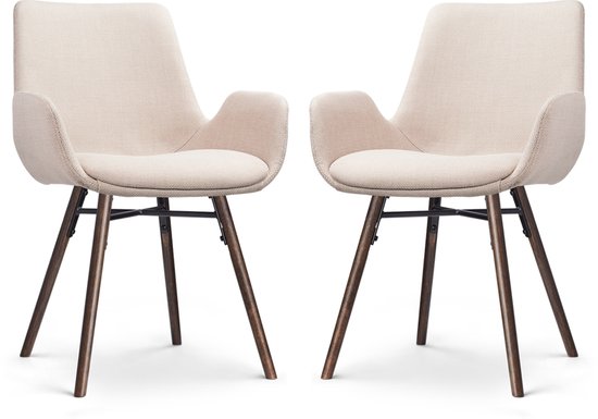 Nolon Nena-Eef Set de 2 Chaises de salle à manger Beige - Accoudoirs - Tissu - Pieds en bois - Noyer - Accoudoir bas - Design - Scandinave