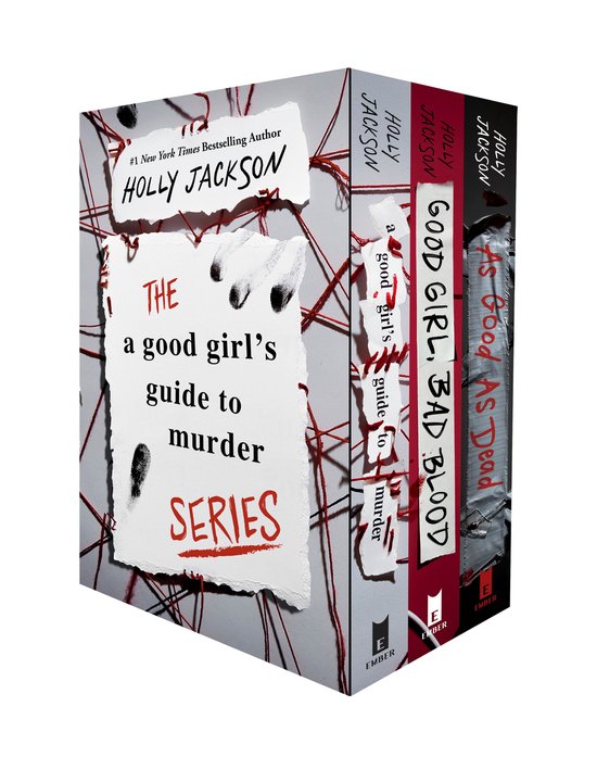 Boxset van de 'A Good Girl's Guide to Murder' serie met drie boeken in rood, zwart en grijs, met titels en auteur Holly Jackson.