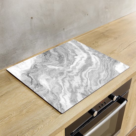 Chefcare Inductie Beschermer Witte Marmer - Abstracte Kunst - Zwart Wit - 65x52 cm - Afdekplaat Inductie - Kookplaat Beschermer - Inductie Mat