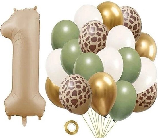 Giraf 1e verjaardag ballon decoratie set 20-delig - giraf - ballon - 1 - eerste - verjaardag - jungle - safari - decoratie - dieren - cakesmash