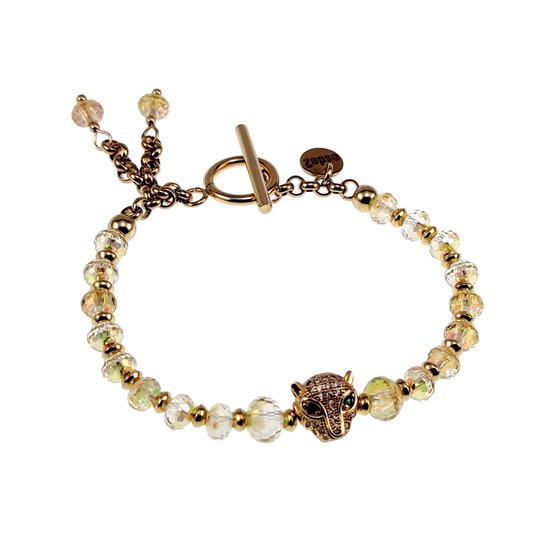 Bracelet Femme - Cristal Jaune - Bracelet avec Motif Tête de Tigre - Acier Inoxydable Plaqué Or - Bracelets de perles avec fermoir en T