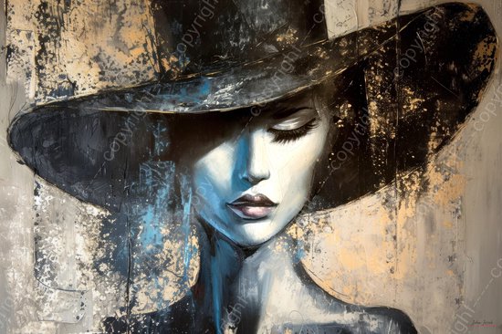 JJ-Art (Canvas) 90x60 | Vrouw met hoed, abstract, surrealisme, gezicht, geschilderde stijl, kunst | mens, blauw, brons, zwart, modern | Foto-Schilderij canvas print (wanddecoratie)