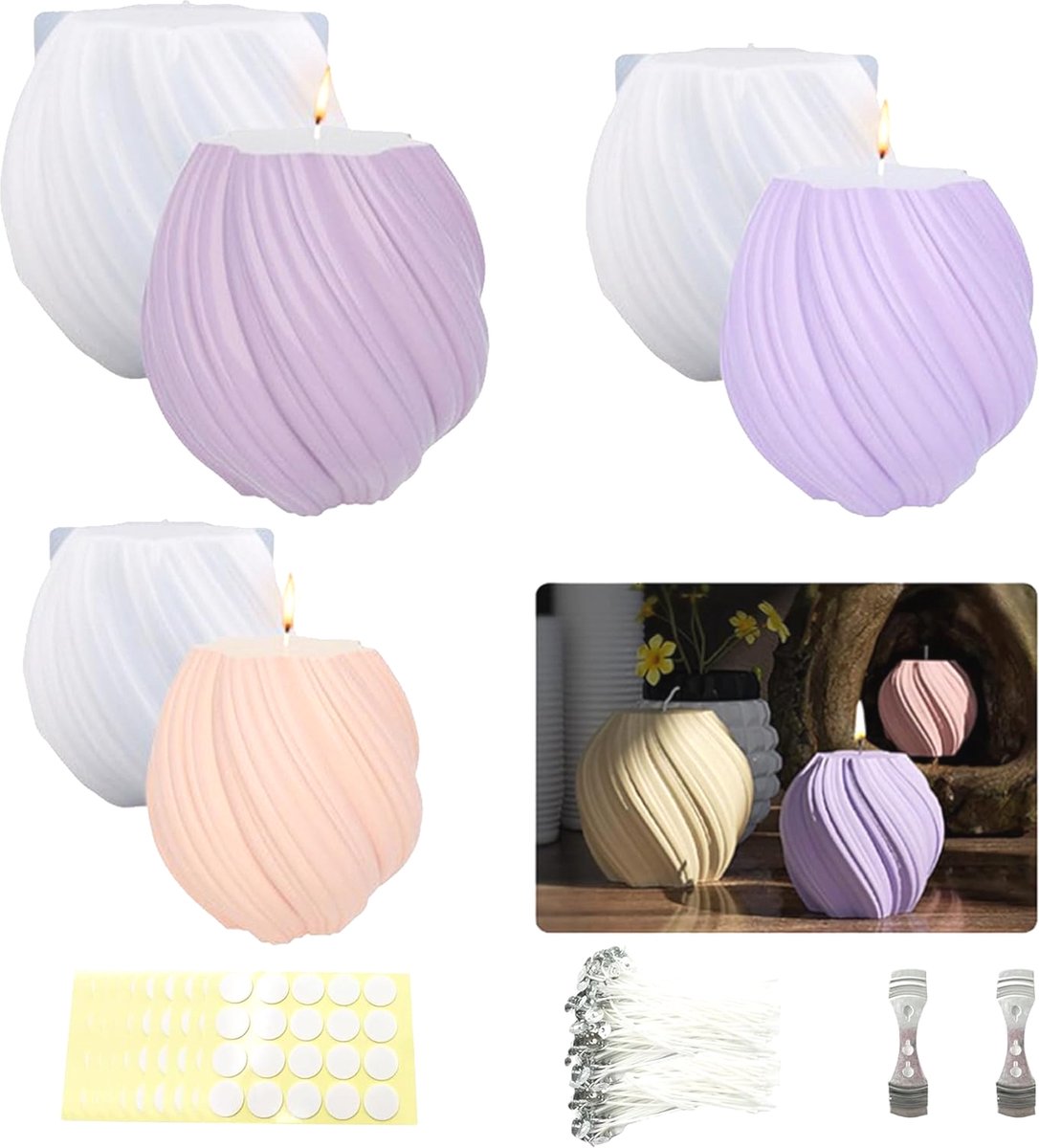 HobbyCraft 215-delige kaarsvormset inclusief 3 siliconen kaarsvormen + 200 kaarslonten + 2 houders + 10 stickers kaarsgietset met mallen 3D DIY-siliconen kaarsgietvormen cilinder kaarsgietvorm