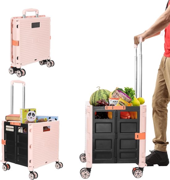Opvouwbare boodschappentrolley kist op wielen met deksel. Slijtvast geruisloos 360 ° draaibaar wiel, verstelbaar aluminiumlegering handvat, opvouwbare kofferwagen met 45 kg draagkracht, draagbare