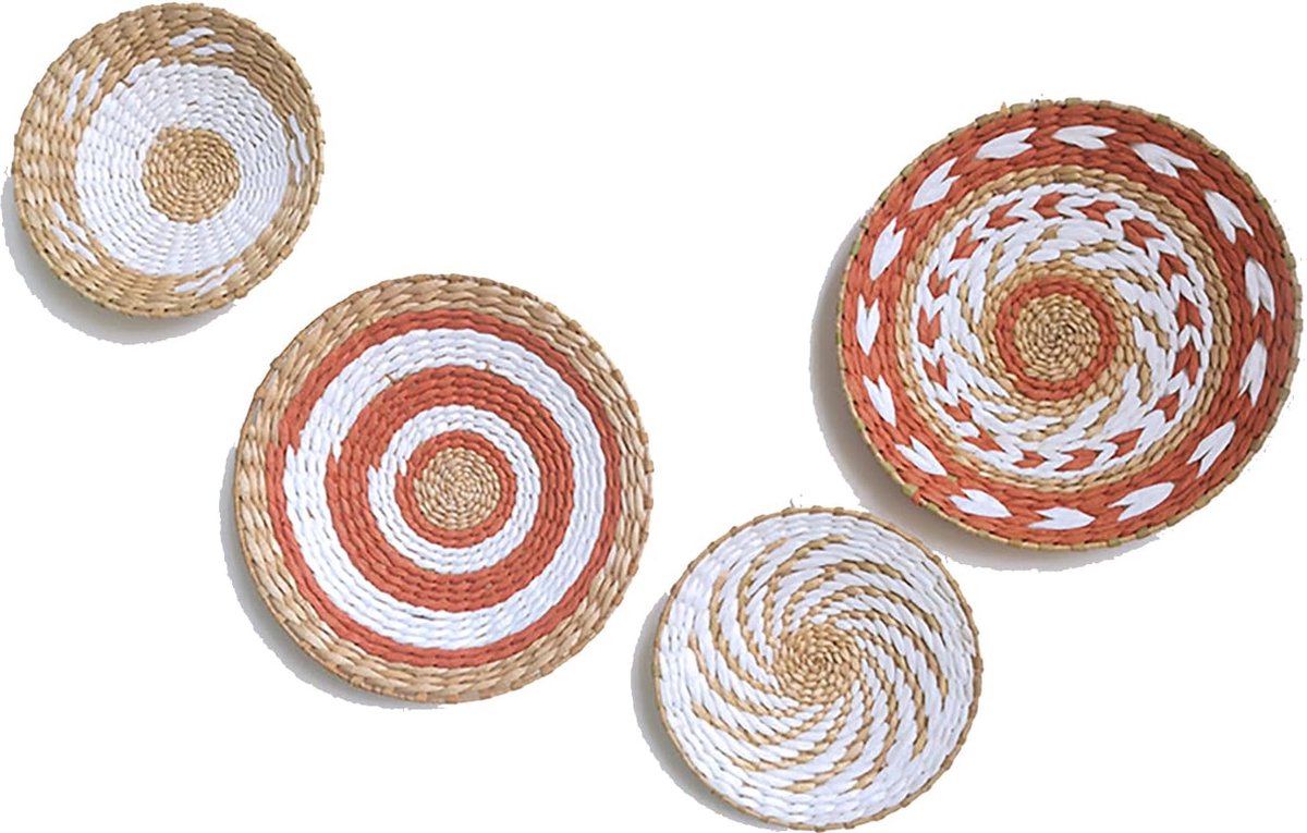 Boho muurmand decorset handgemaakte geweven rotan wandpanelen ronde platte rieten manden voor woonkamer slaapkamer (25cm-34cm)