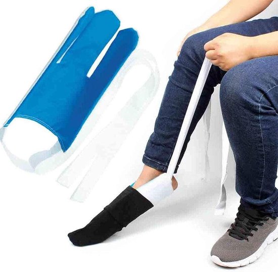 Sokaantrekker - Sokaantrekker hulp - Sok aantrekhulp - Aantrekhulp voor sokken - Wit / Blauw - Werkt ook voor broeken - Aankleedhulp - Sock Slider - Praktisch voor senioren, zwangeren vrouwen of invaliden!