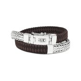 SILK Jewellery - Zilveren Wikkelarmband - 362BBR.18 - bruin/zwart leer - Maat 18