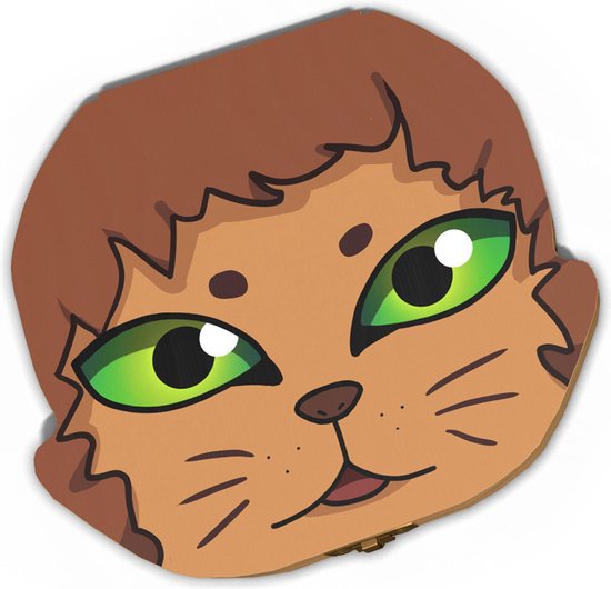 Houten tandendoosje in de vorm van een kattengezicht met bruin haar en groene ogen.