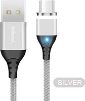 DrPhone FLM Magnetische USB C Oplaad Kabel 3A + Data - Sterke Magneet - LED indicator - Geschikt voor alle apparaten met USB C - Nylon Gevlochten Kabel - 2M - Zilver