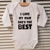 Baby Romper unisex tekst cadeau eerste moederdag mama I love my mom she is the best | Lange mouw | wit | maat 50/56 | zwangerschap aankondiging mama 's liefste worden voor verjaard