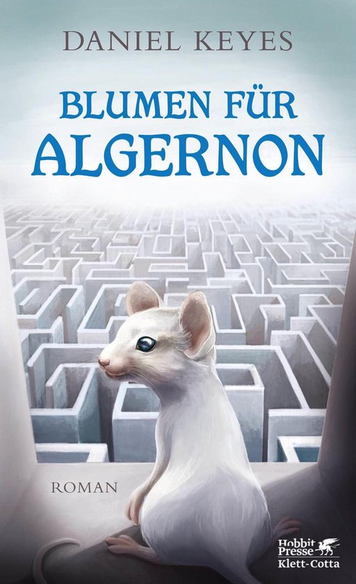 Boek kaft met witte muis in een doolhof, titel 'Blumen für Algernon' door Daniel Keyes.