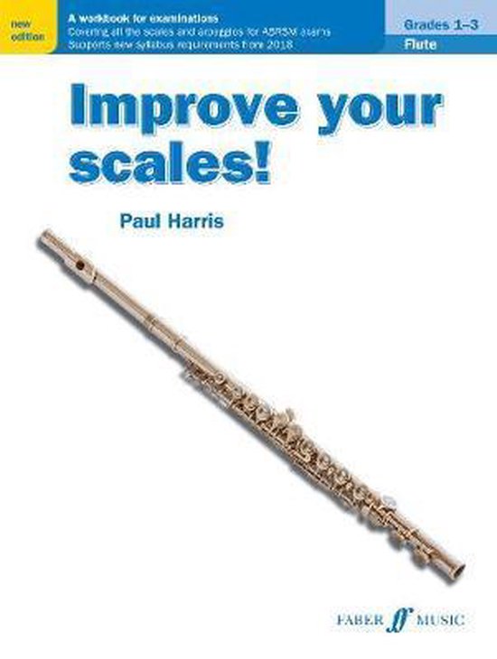 La couverture du livre 'Improve your scales! Flute Grades 1-3' avec une flûte traversière argentée en diagonale.