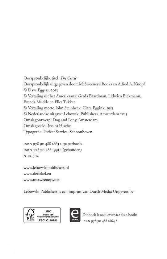 Informatie over het boek 'De Cirkel', auteurs, vertalers en uitgevers.