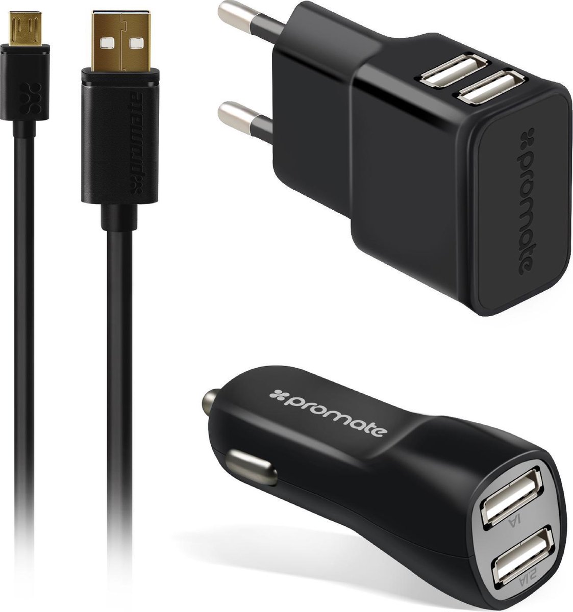 Promate Carkit - Geschikt voor Android Smartphone en Tablet - 3.1A - Autolader USB - Micro USB 1.2m - Adapter - Voor Thuis en Onderweg