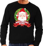 Foute kersttrui / sweater - zwart - Kerstman met hartjes ogen Merry Christmas Bitches heren S (48)