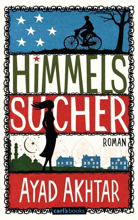 Boekomslag 'Himmelssucher' met Amerikaanse en islamitische symbolen, een silhouet van een vrouw en een fietser.