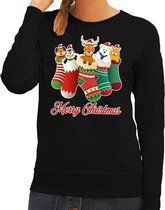 Foute Kersttrui / sweater kerstsokken met diertjes - Merry Christmas - zwart voor dames M (38)