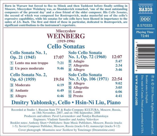 Achterkant CD hoes: Lijst van cello sonatas van Mieczysław Weinberg, uitvoerders Dmitry Yablonsky en Hsin-Ni Liu, Naxos logo, barcode.