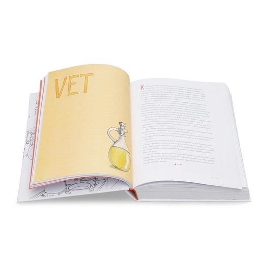 Openstaand kookboek met op de linkerpagina de titel 'VET' en een illustratie van een oliekaraf. De rechterpagina bevat tekst.
