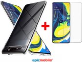 Epicmobile - Samsung Galaxy A80 Transparant silicone hoesje + Tempered Glass screenprotector – Voordeelpack