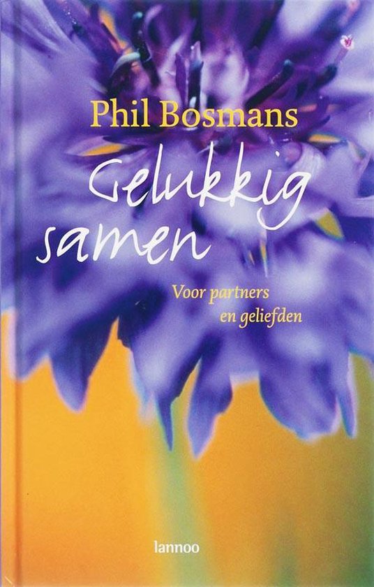 Boek 'Gelukkig Samen' van Phil Bosmans, met een paarse bloem en gele tekst.