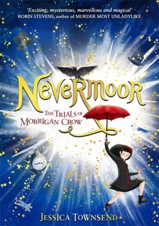 Boek 'Nevermoor: The Trials of Morrigan Crow' met een meisje in een rode jas en met een rode paraplu, zwevend met een klok en hoeden.