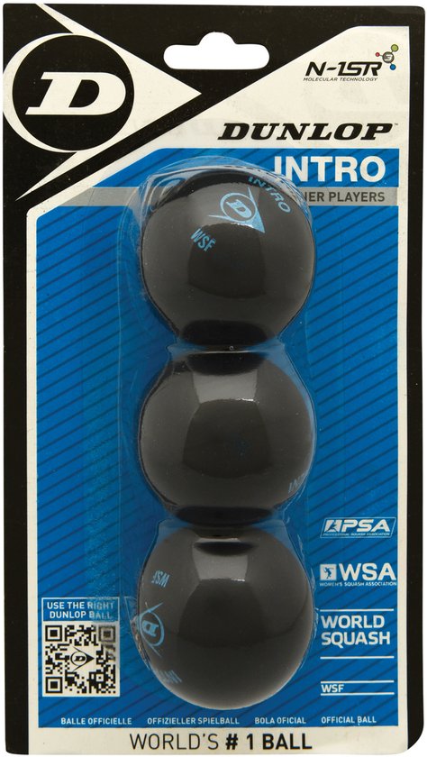 Dunlop Intro squashballen, 3 stuks in blisterverpakking. De ballen zijn zwart met WSF en PSA keurmerk.