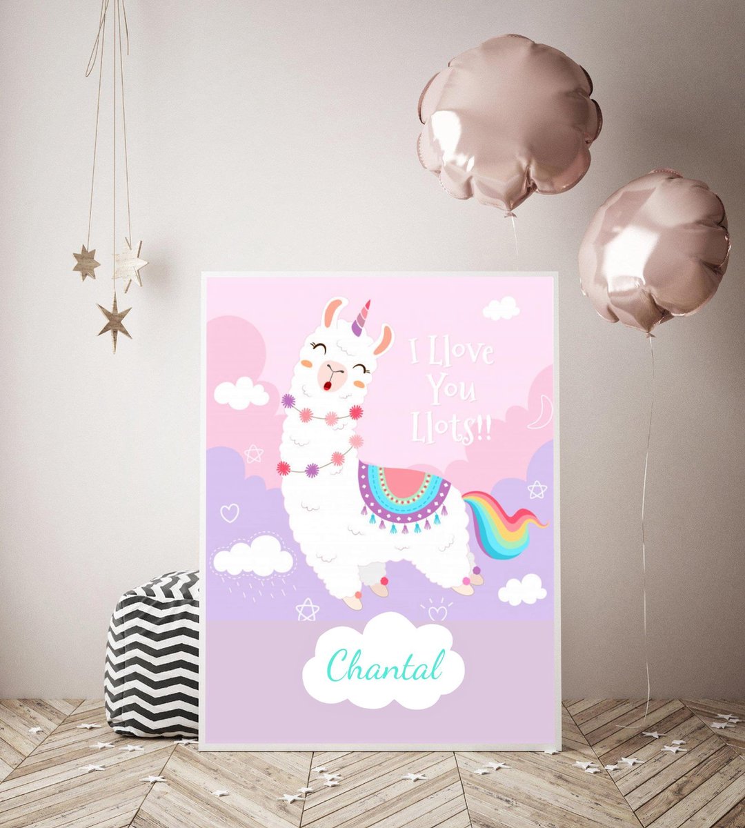 Gepersonaliseerde poster babykamer of kinderkamer, poster met naam van kind, gepersonaliseerd kraamcadeau. Inclusief fotolijst ! 50x70 cm (B2). Lama, love you lots