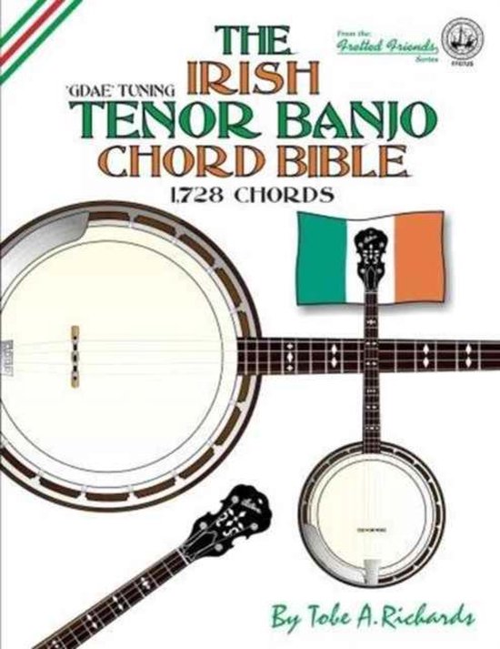 Boek kaft: The Irish Tenor Banjo Chord Bible, met Ierse vlag en banjo.