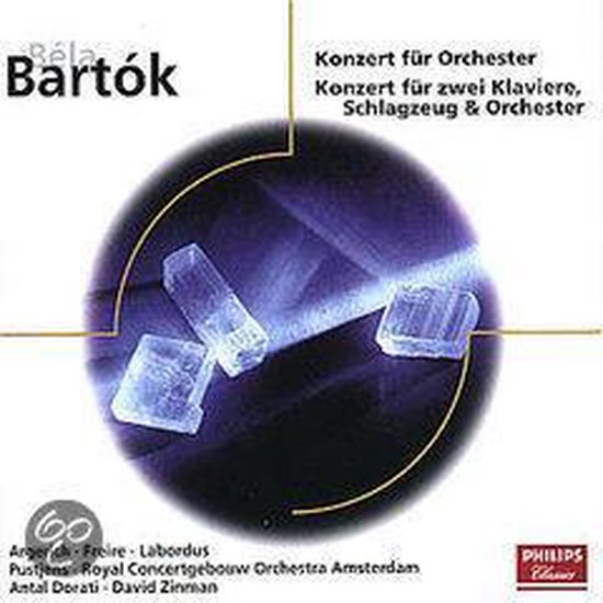CD-hoes voor Bartók's Concerto For Orchestra. Met abstracte, blauw getinte kristallen op een donkere achtergrond.
